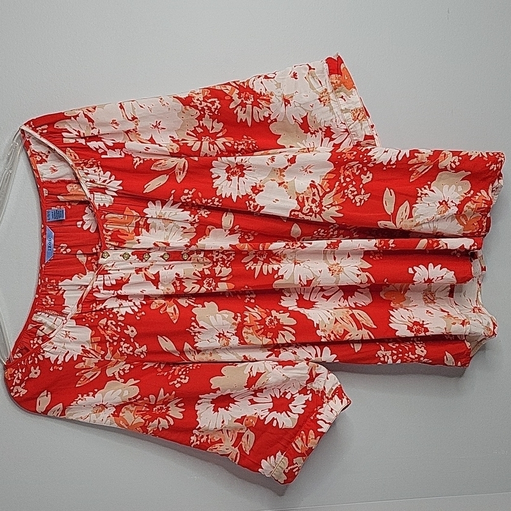 IZOD orange floral blouse convertible roll tab sleeves tropical